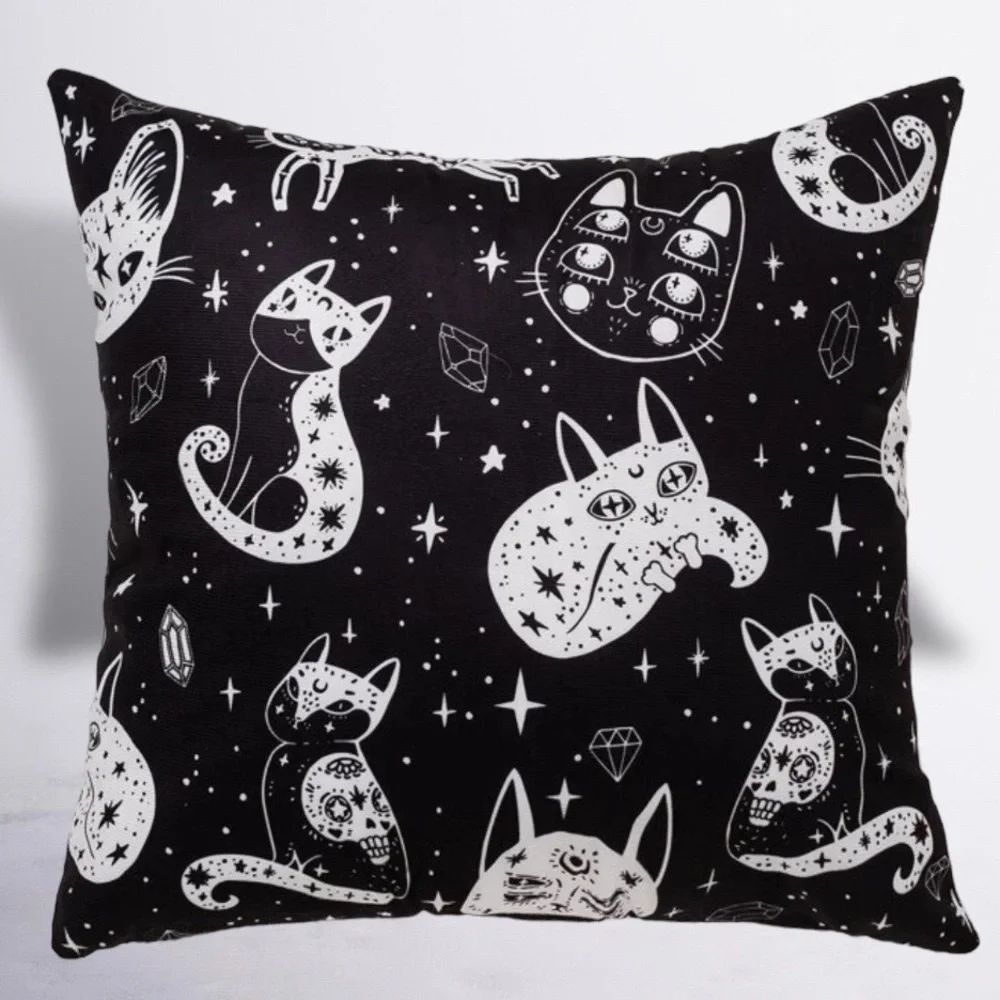Pillow Cover Celestial Cat Moon Stars Black White Large Square 17.7 in